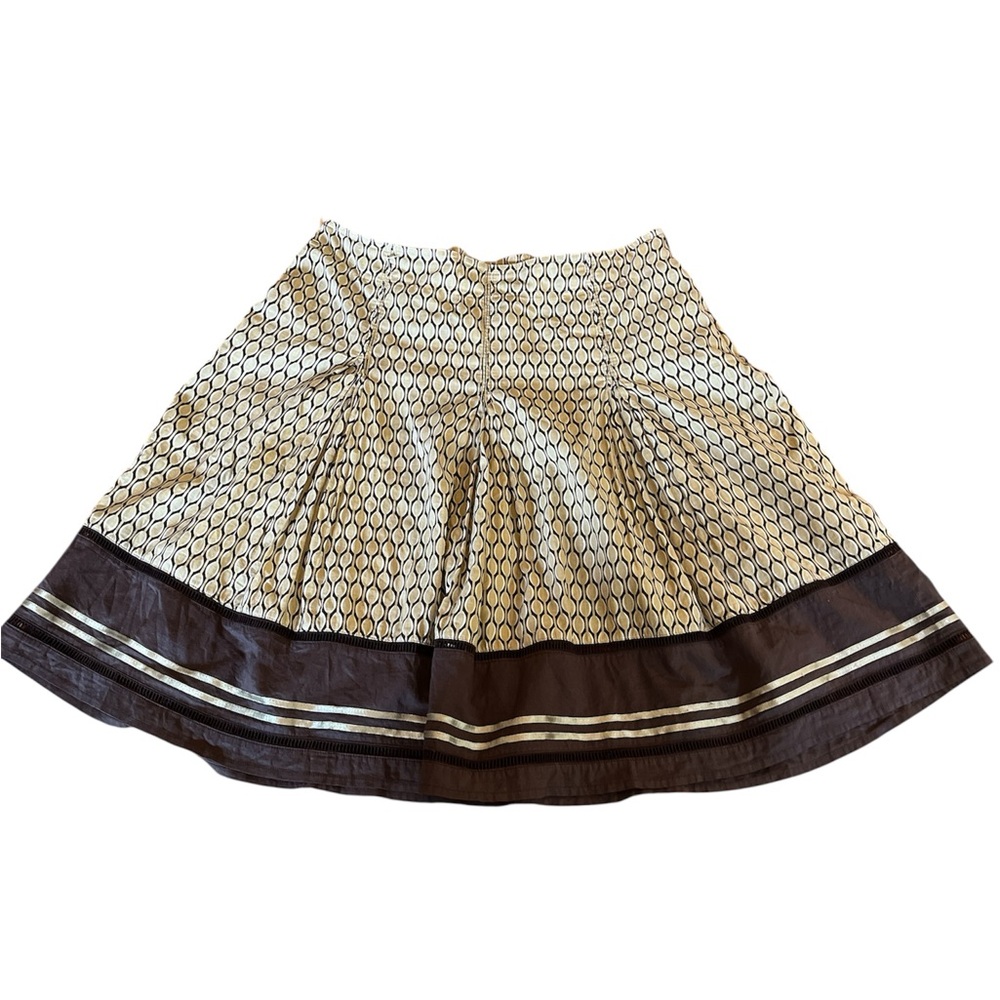 DKNY Tan,Brown Cotton Pleated A-Line Skirt Knee-Length w/gold ribbon Size 10P